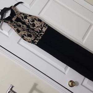 Morgan and Co black and gold lace long formal dress size 12/14